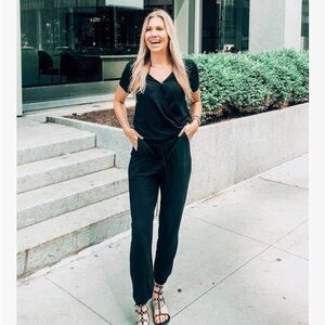 PrettyGarden Black Short Sleeve Elastic Waist Jumpsuit